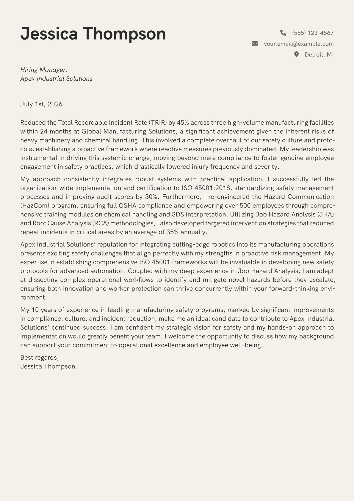 Safety Manager cover letter formatted with a JobSprout template
