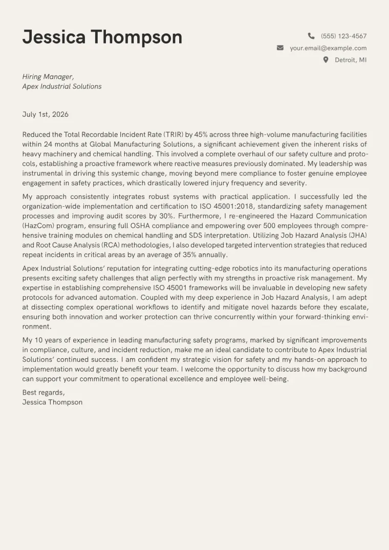Safety Manager cover letter example