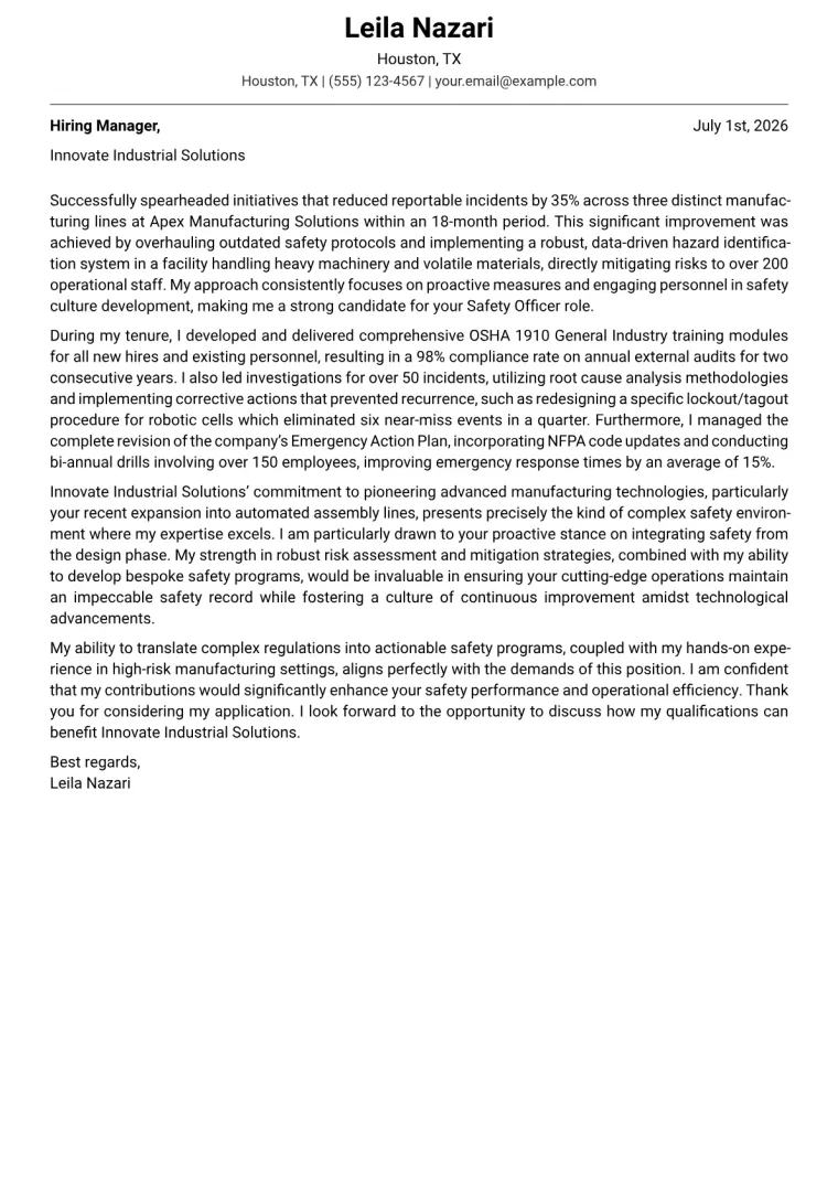 Safety Officer Cover Letter Example