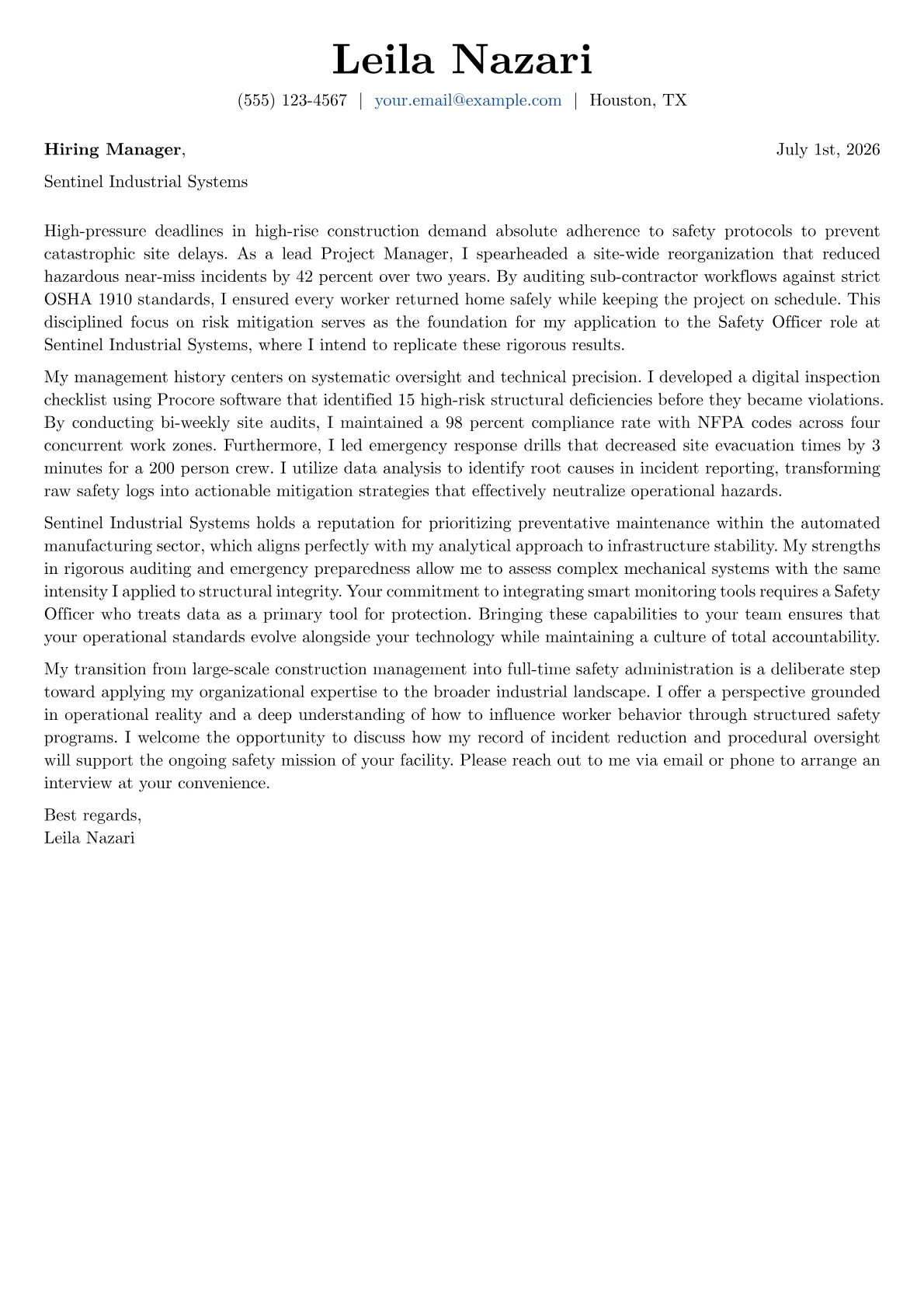 Safety Officer cover letter in the Basic design