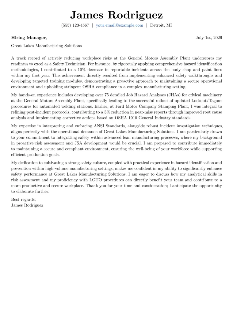 Safety Technician Cover Letter Example + Template (2026)
