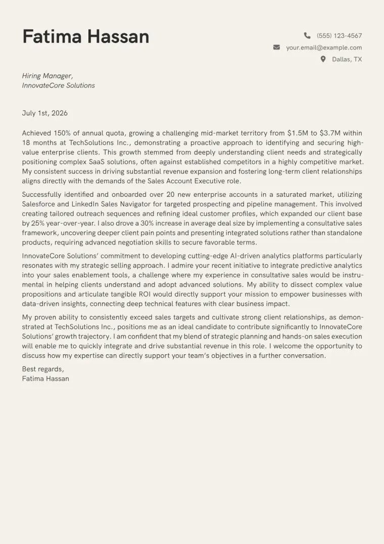 Sales Account Executive Cover Letter Example