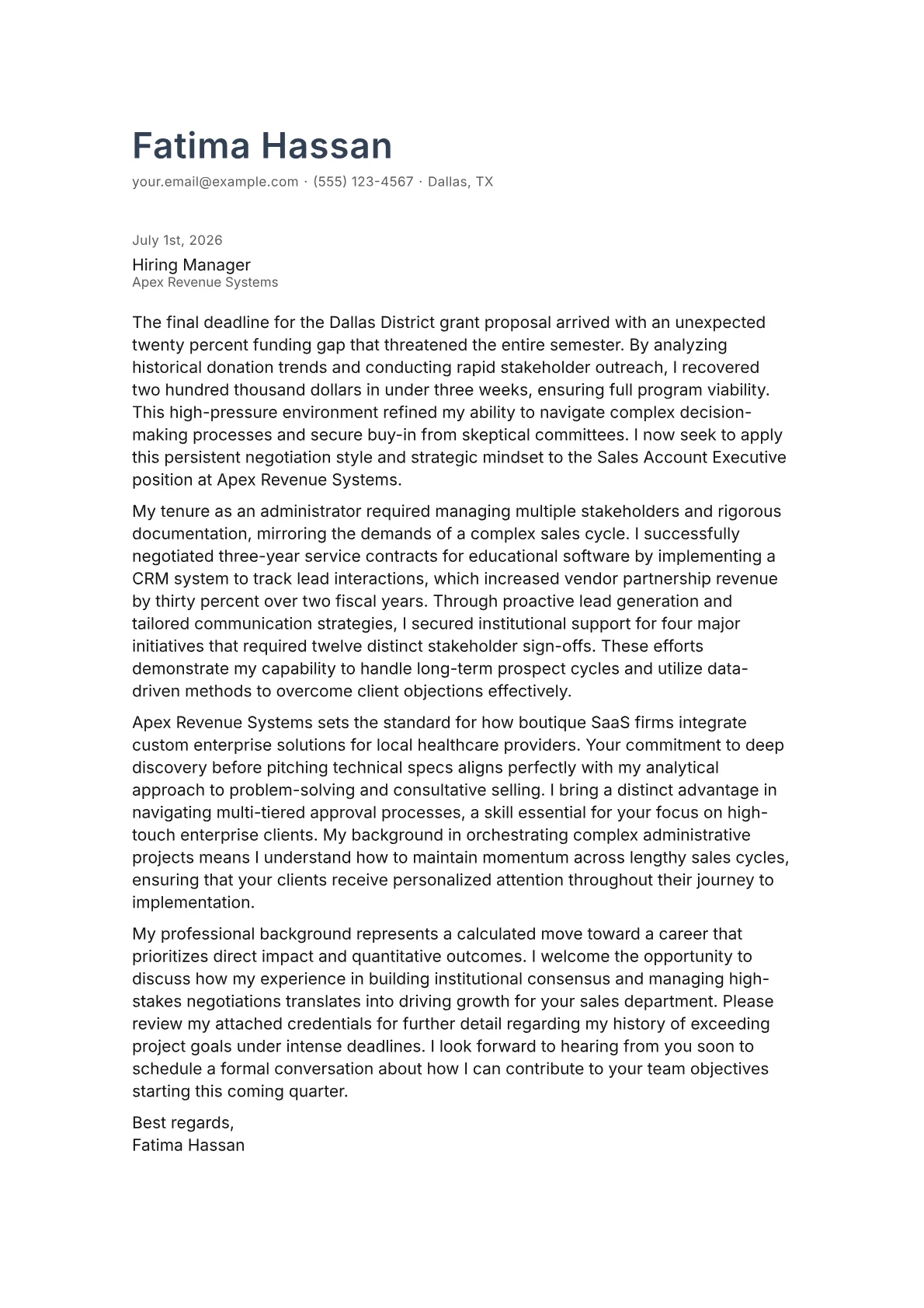 Sales Account Executive cover letter in the Minimal design