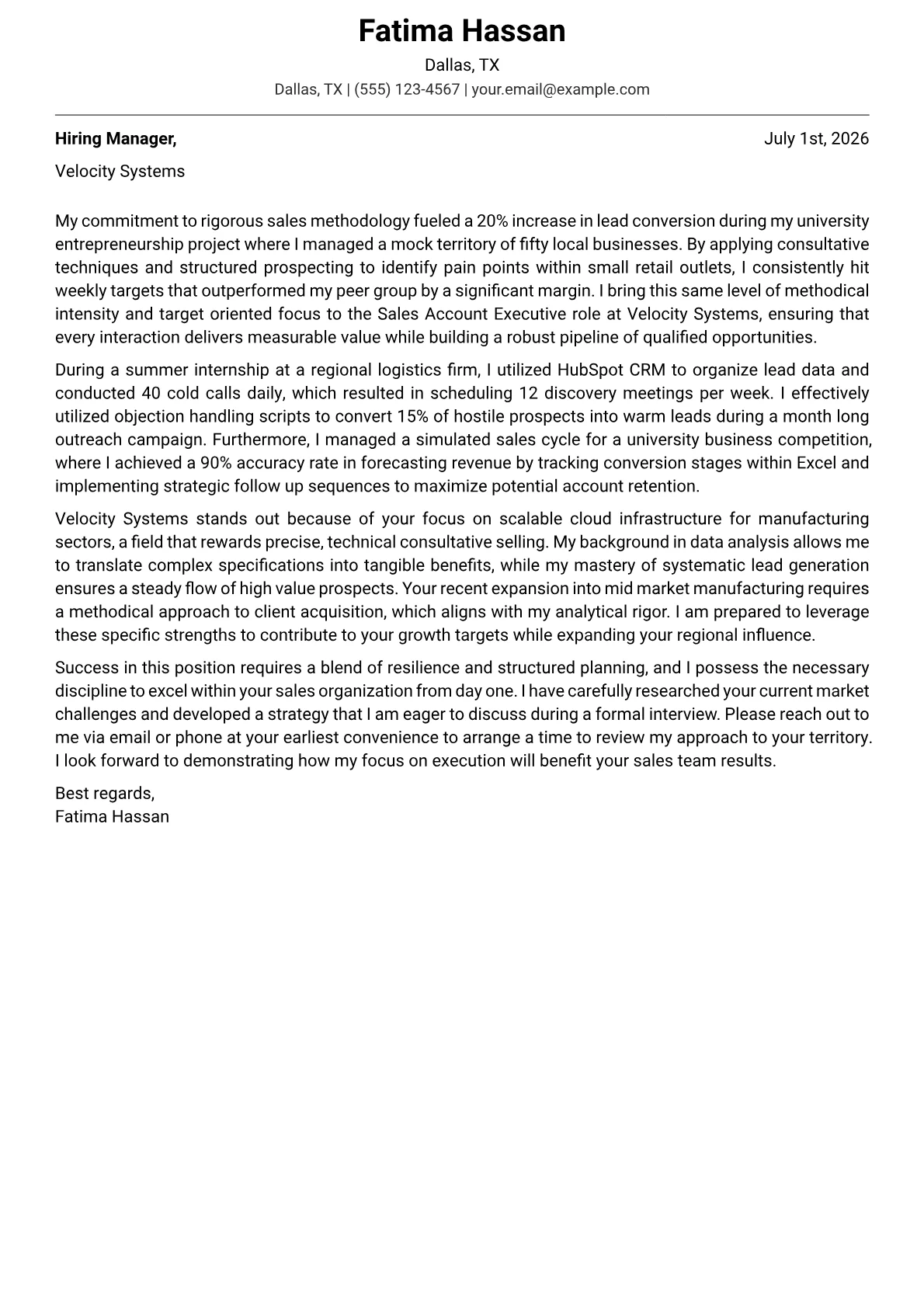 Sales Account Executive cover letter in the Modern design