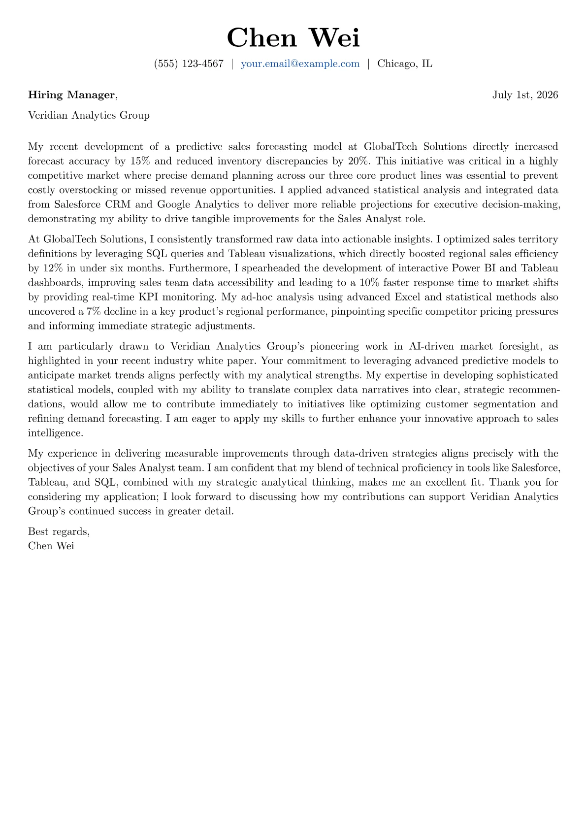 Sales Analyst cover letter formatted with a JobSprout template