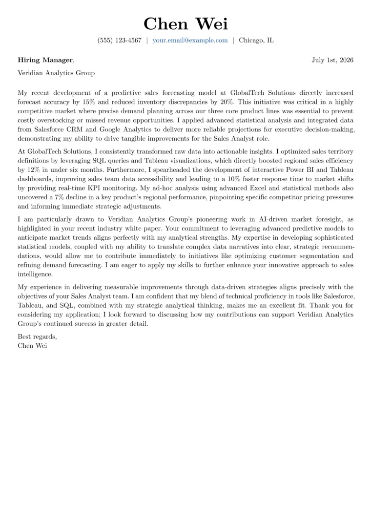 Sales Analyst cover letter example preview