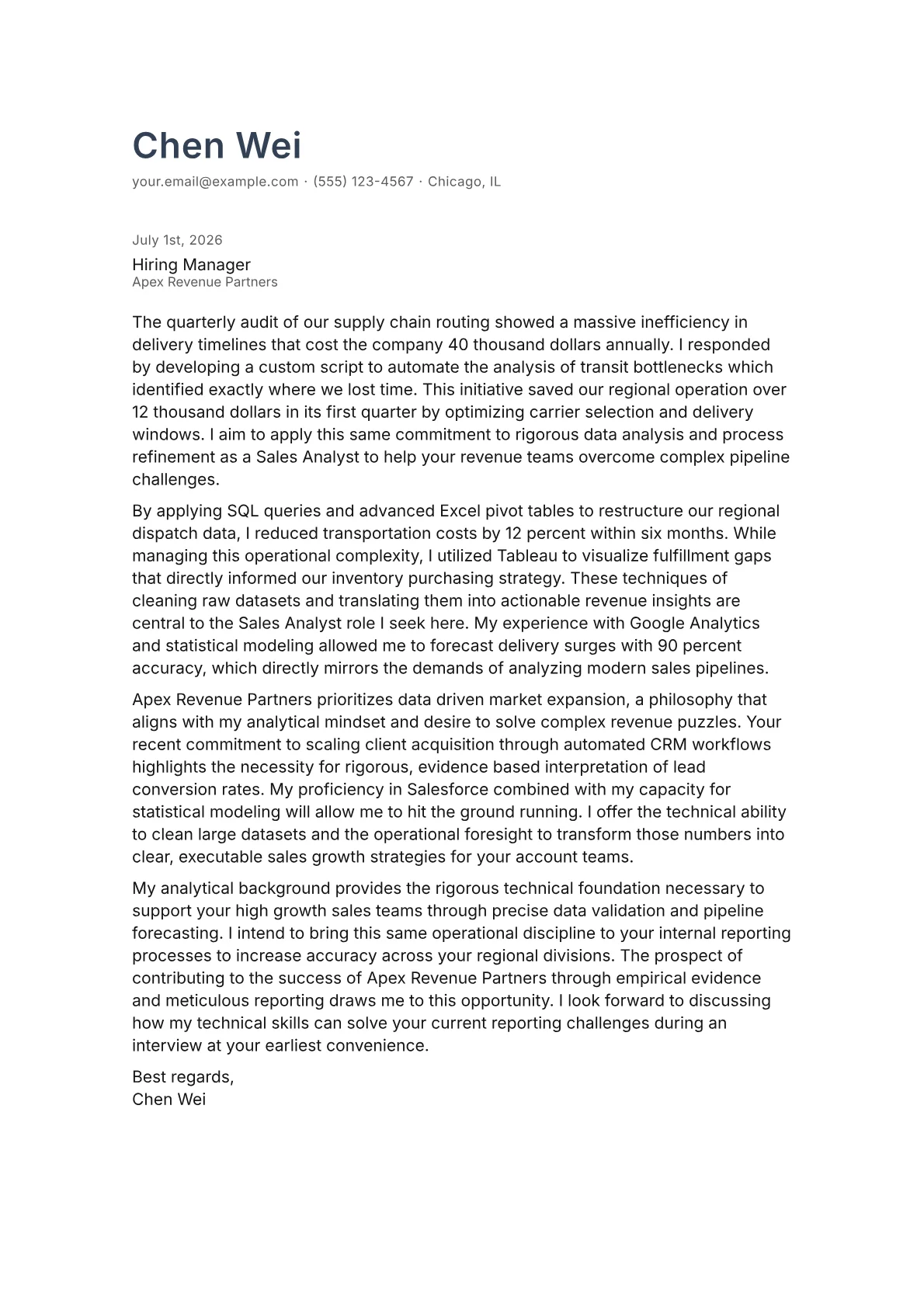 Sales Analyst cover letter in the Minimal design