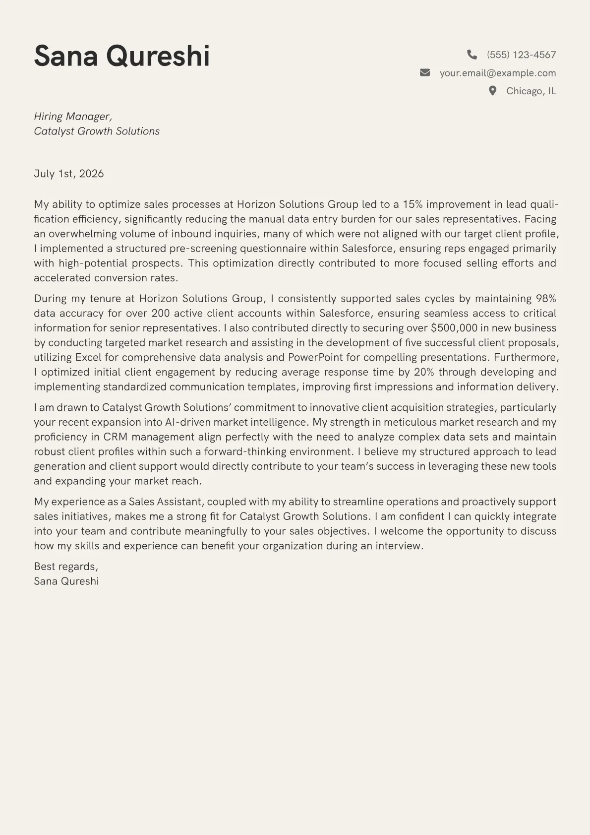 Sales Assistant cover letter formatted with a JobSprout template