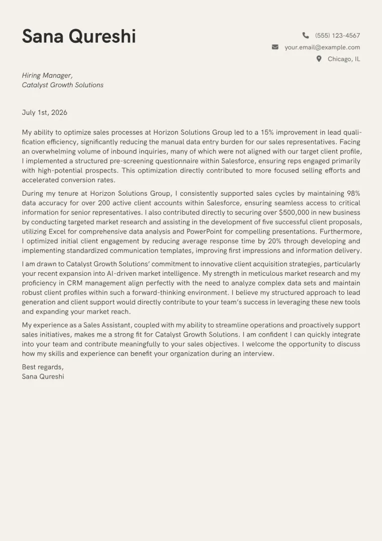 Sales Assistant Cover Letter Example