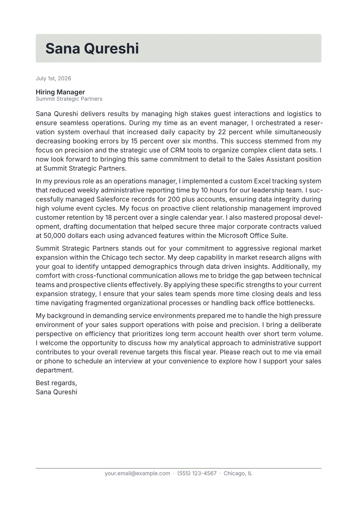 Sales Assistant cover letter in the Letterhead design