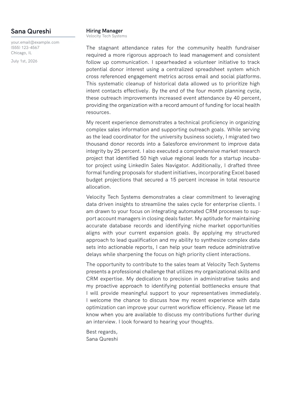 Sales Assistant cover letter in the Margin design