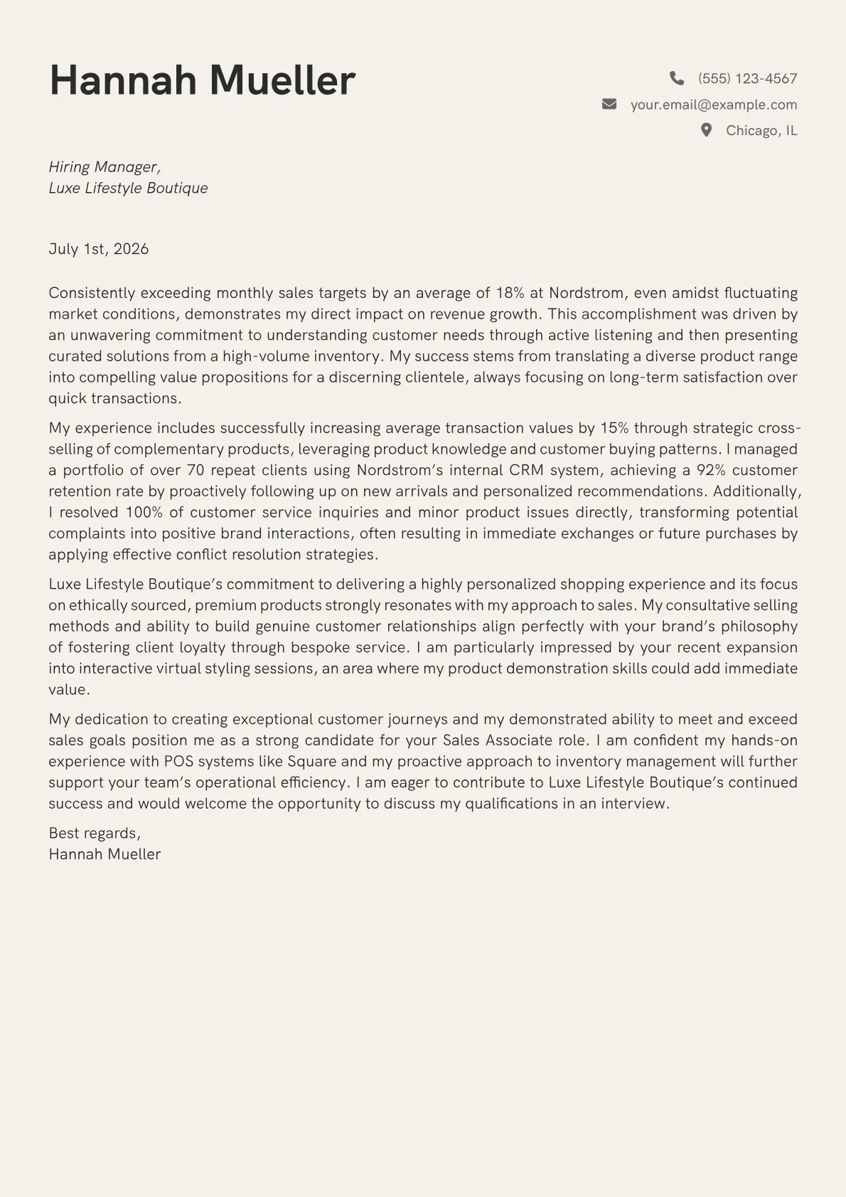 Sales Associate cover letter formatted with a JobSprout template