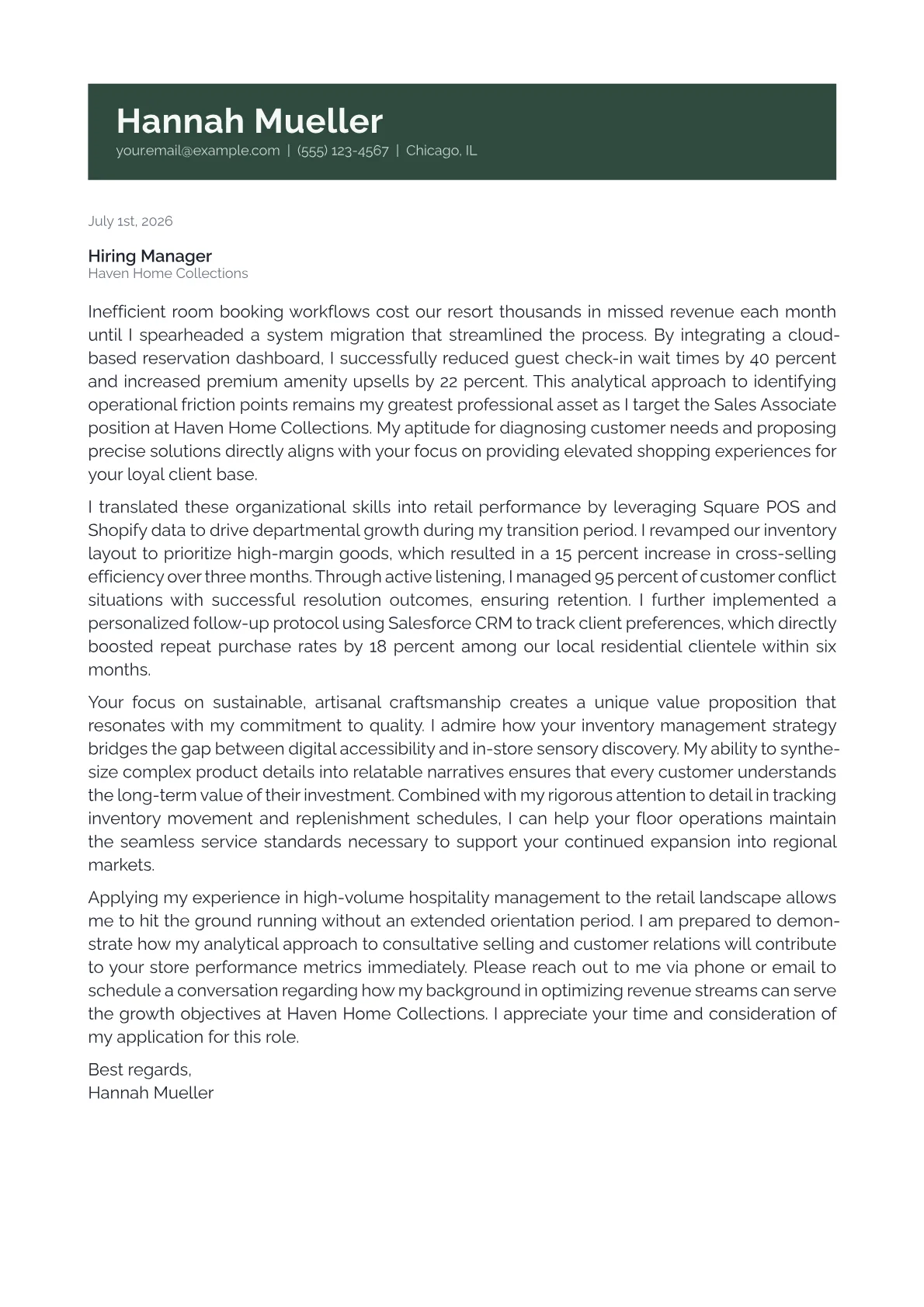 Sales Associate cover letter in the Banner design