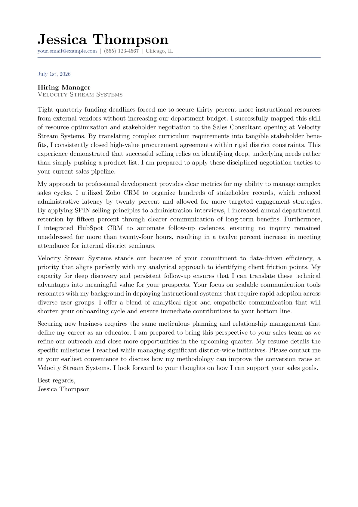 Sales Consultant cover letter in the Classic design