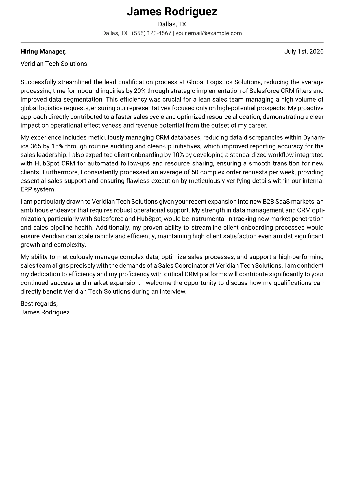 Sales Coordinator cover letter formatted with a JobSprout template