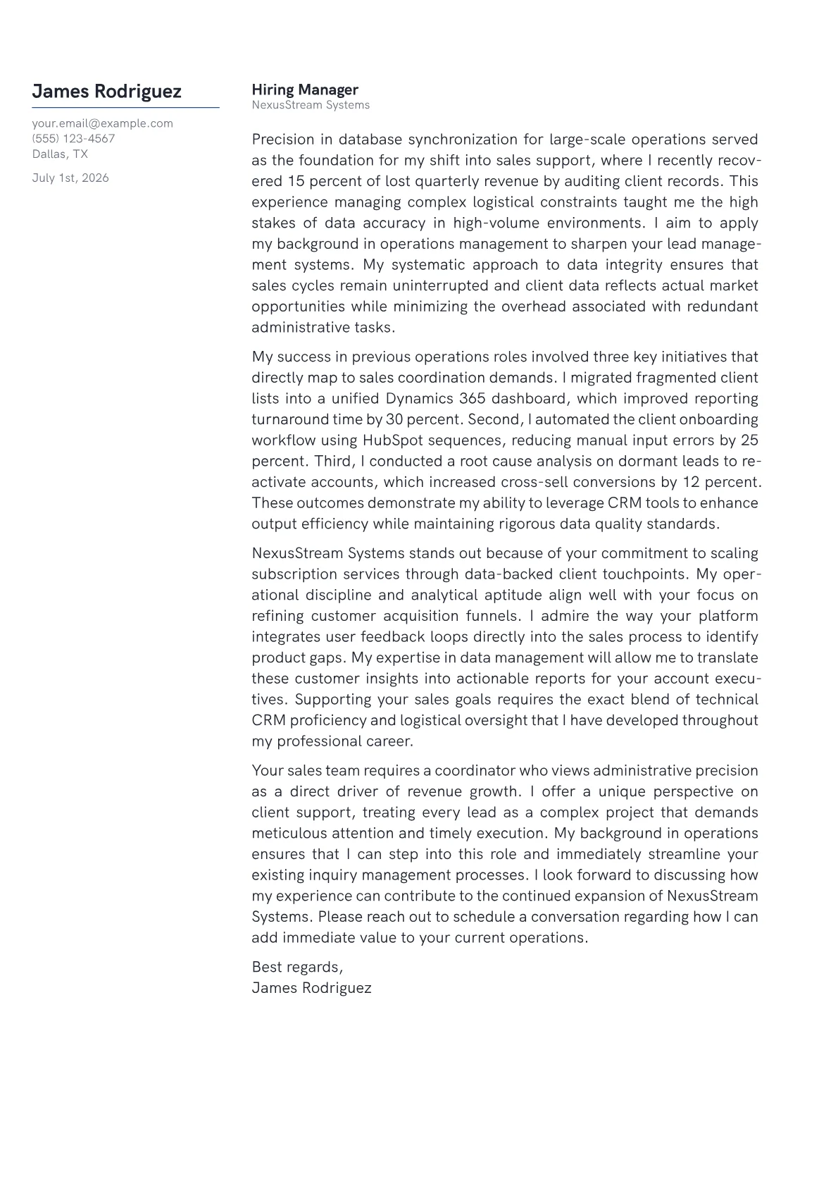 Sales Coordinator cover letter in the Margin design