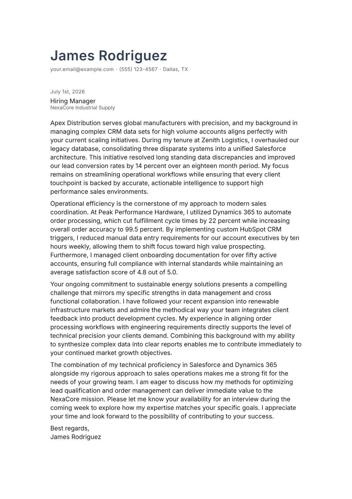 Sales Coordinator cover letter in the Minimal design