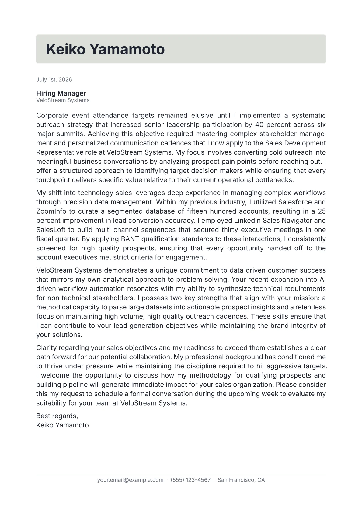 Sales Development Representative cover letter in the Letterhead design