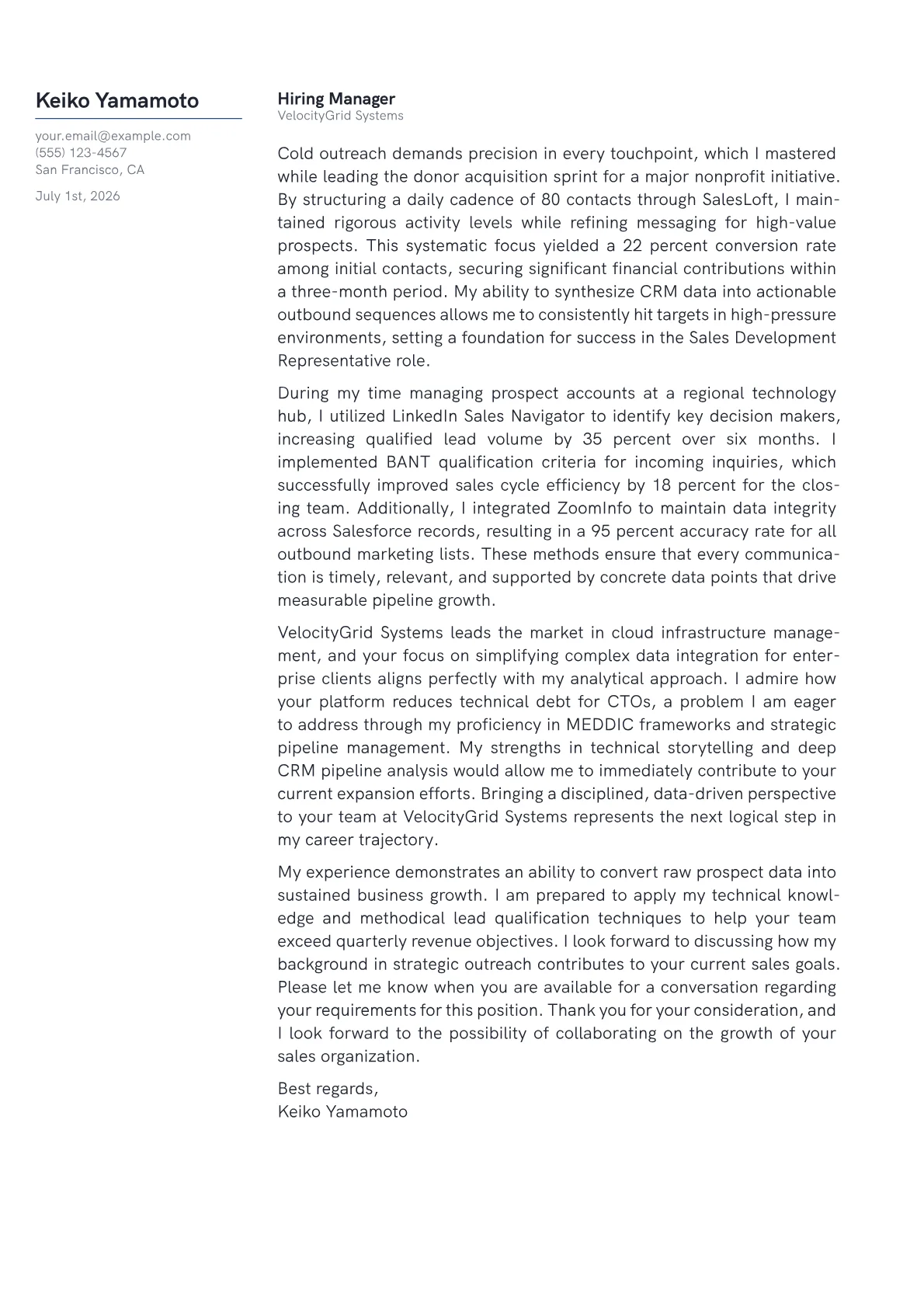 Sales Development Representative cover letter in the Margin design