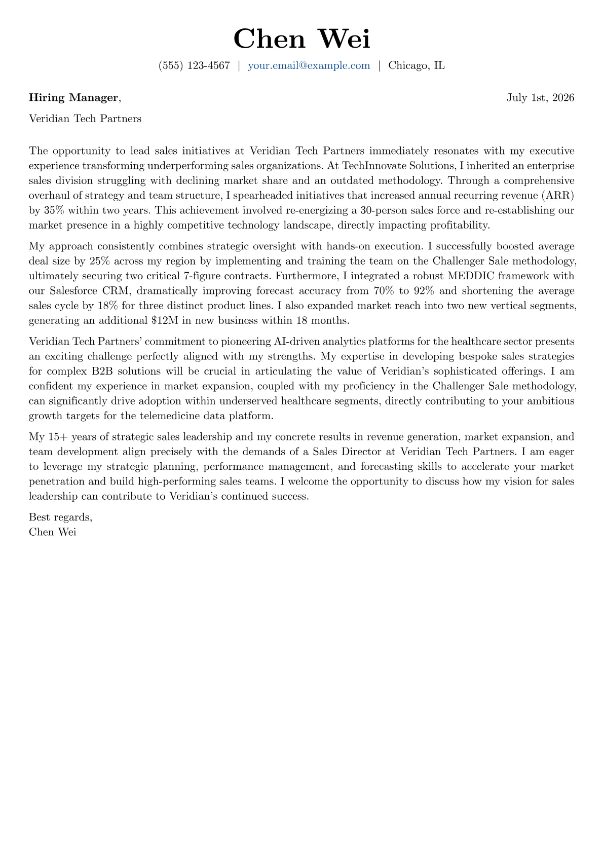 Sales Director cover letter formatted with a JobSprout template