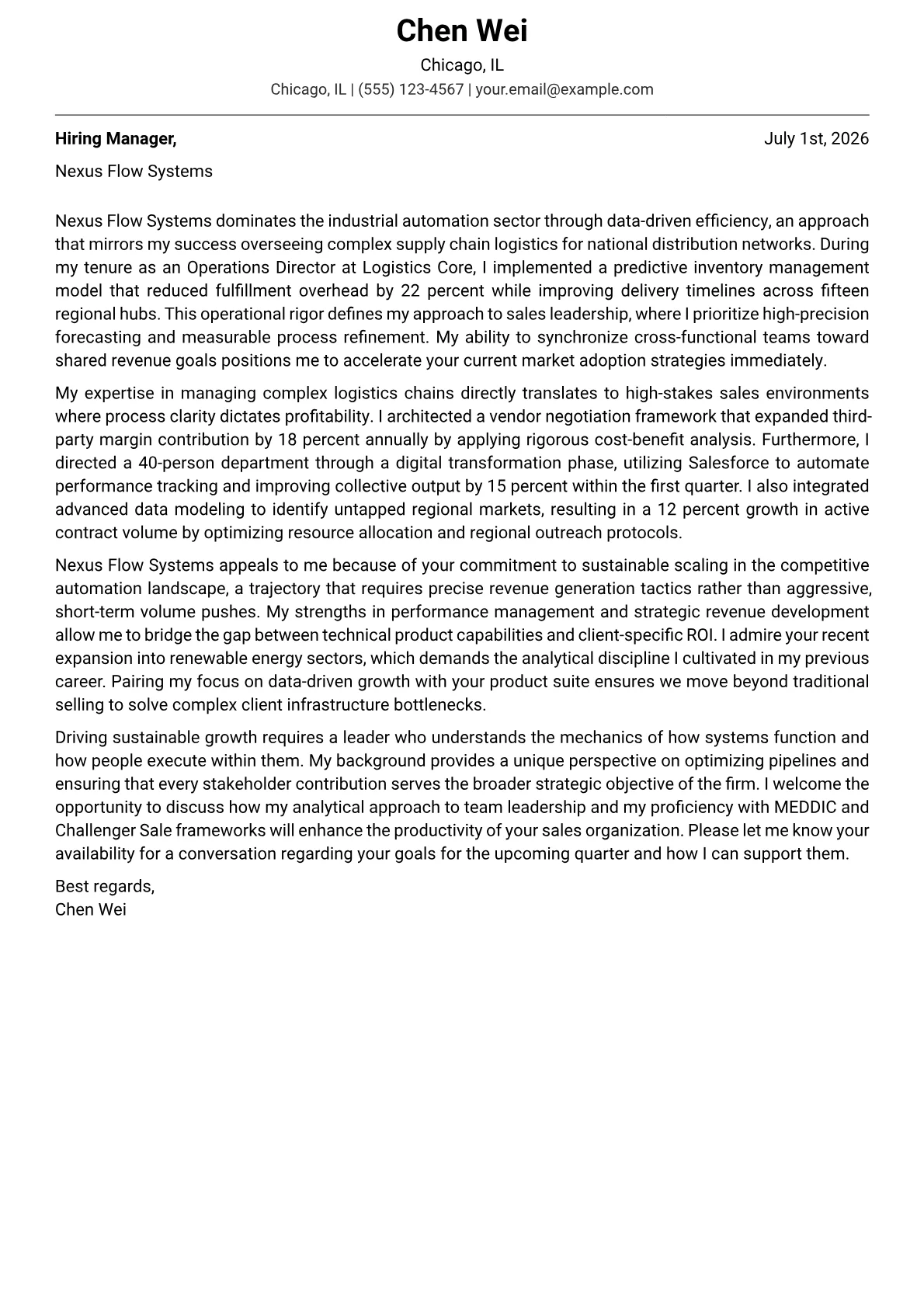 Sales Director cover letter in the Modern design