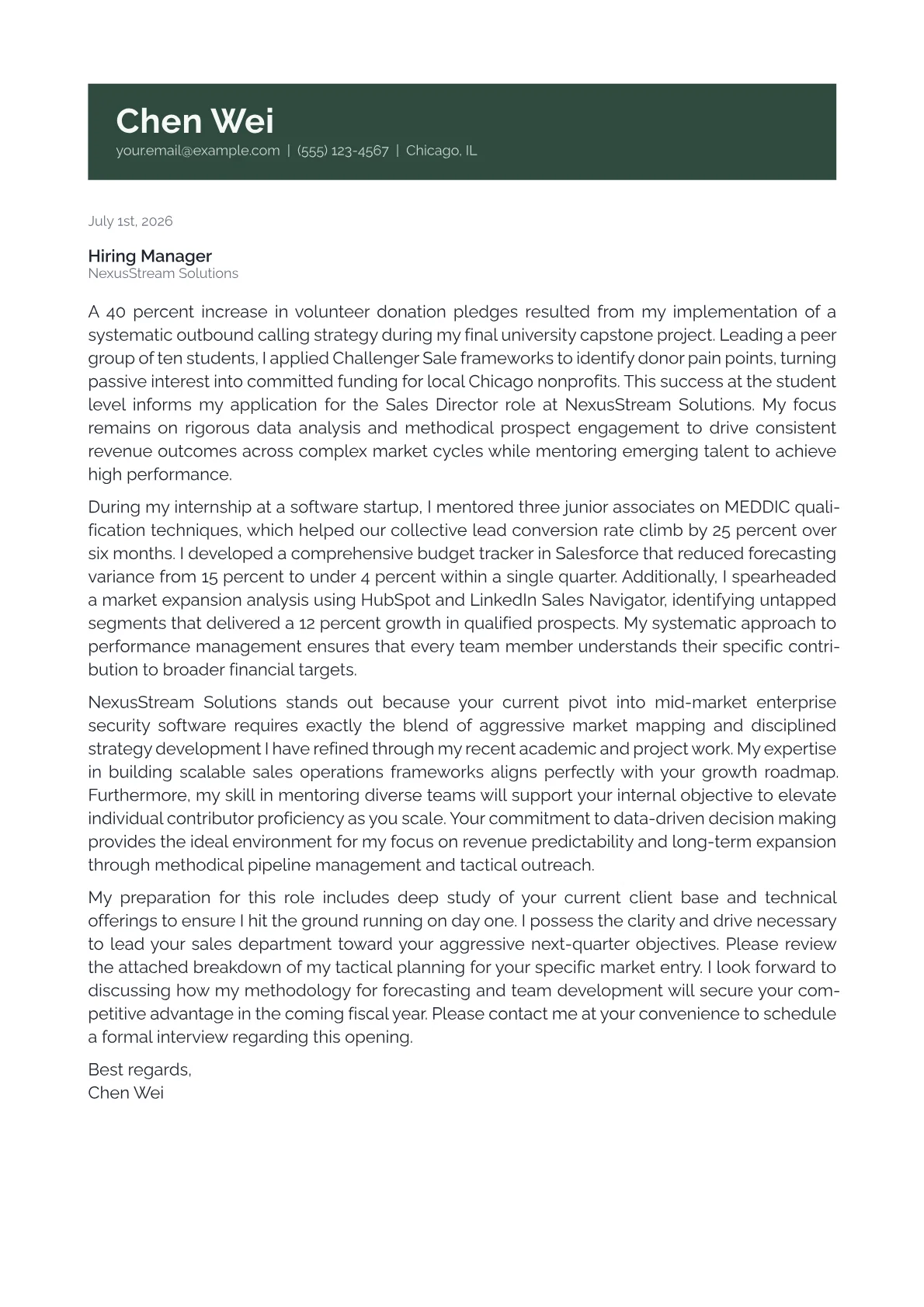 Sales Director cover letter in the Banner design