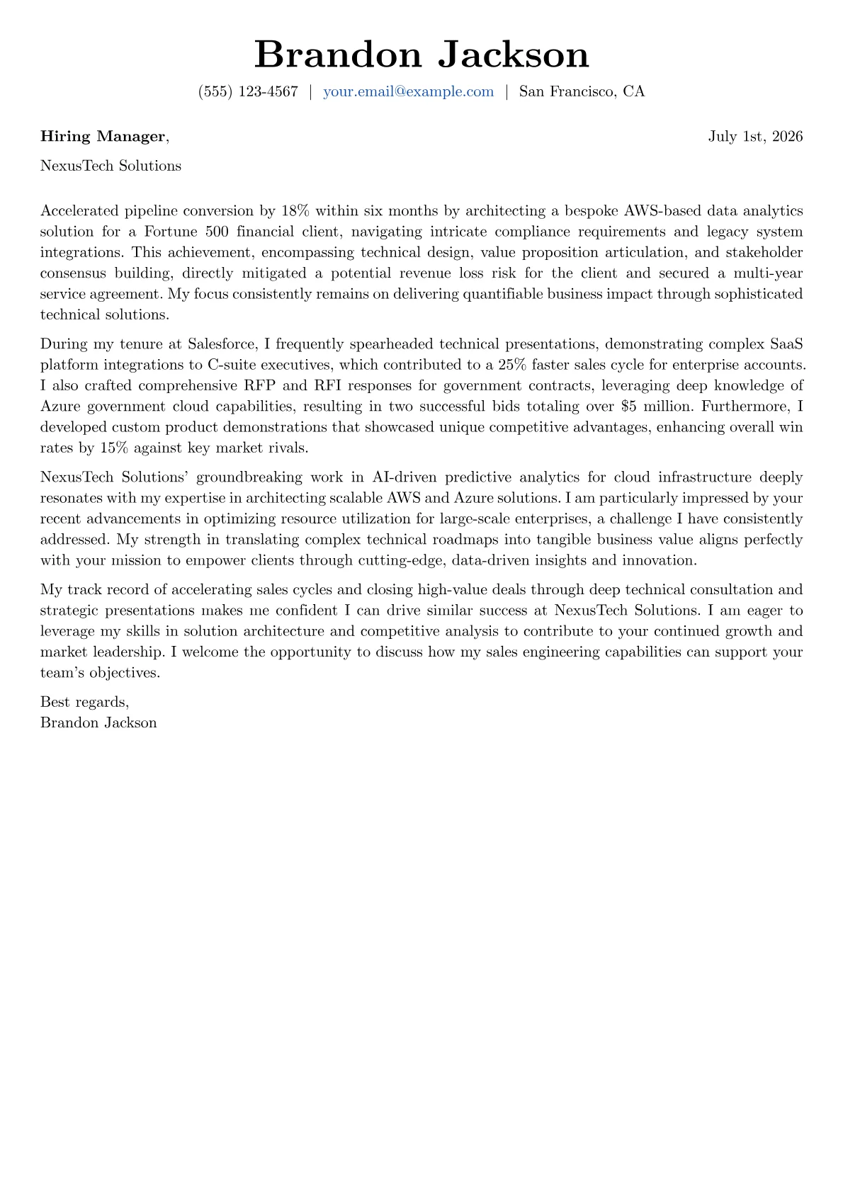 Sales Engineer cover letter formatted with a JobSprout template