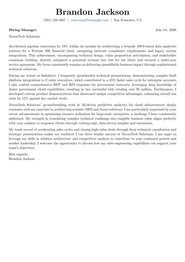 Sales Engineer Cover Letter Example