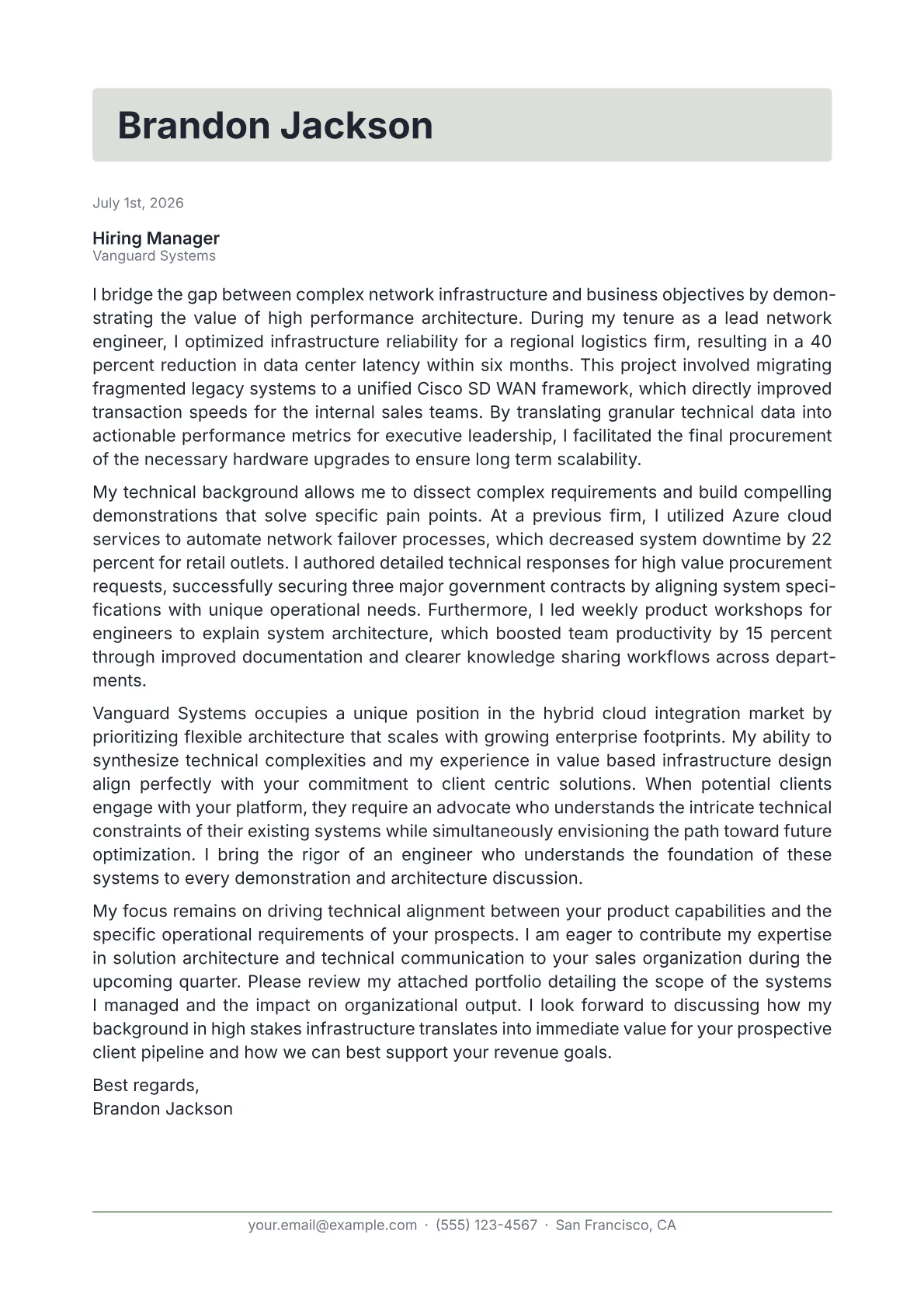 Sales Engineer cover letter in the Letterhead design