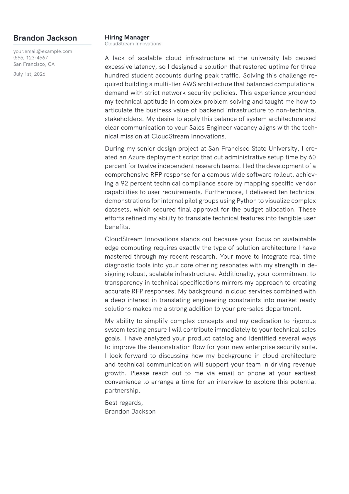 Sales Engineer cover letter in the Margin design