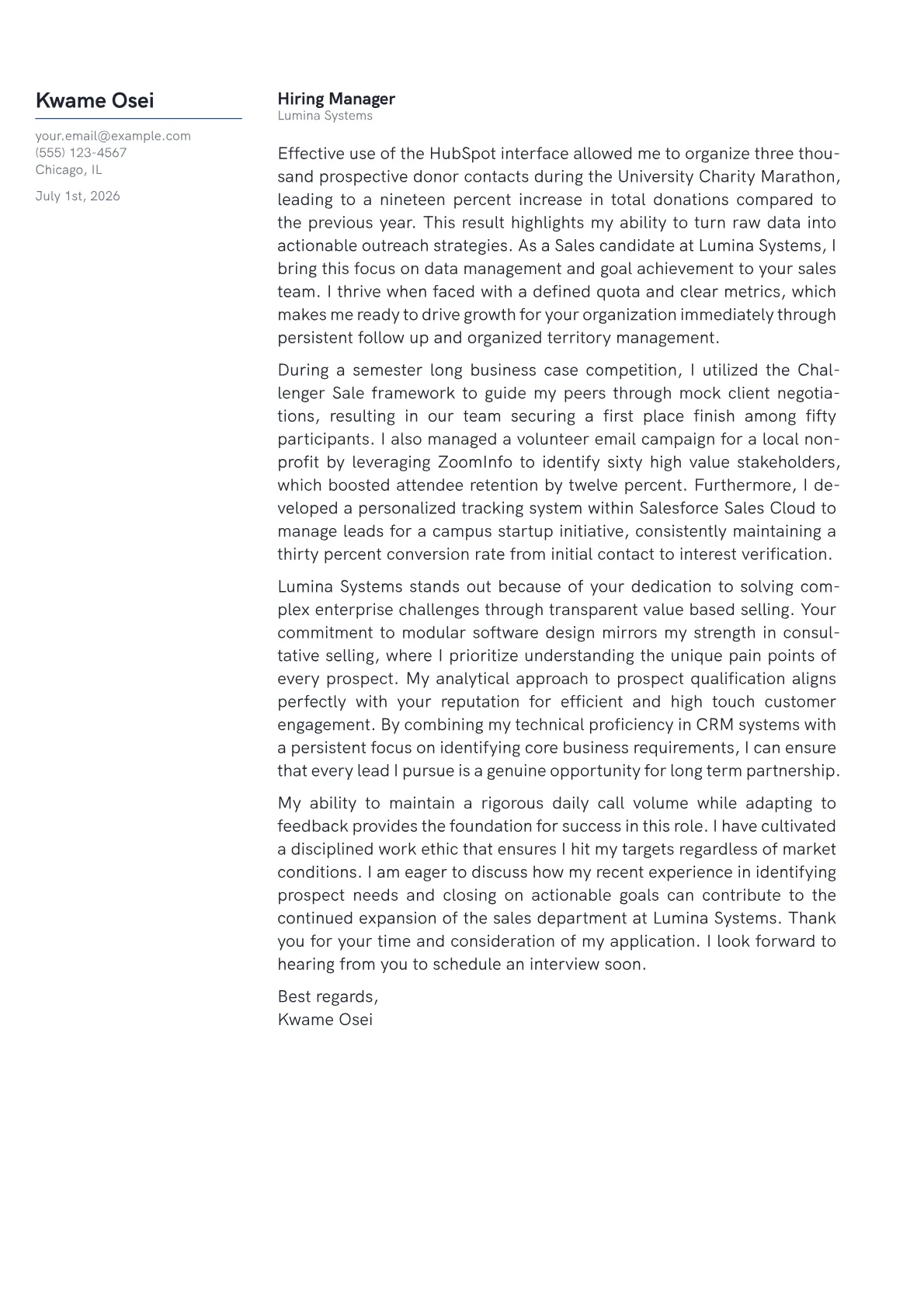 Sales cover letter in the Margin design