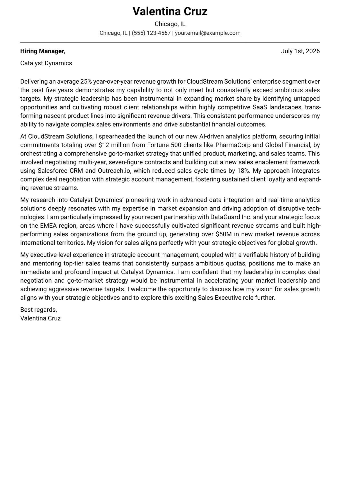 Sales Executive cover letter formatted with a JobSprout template