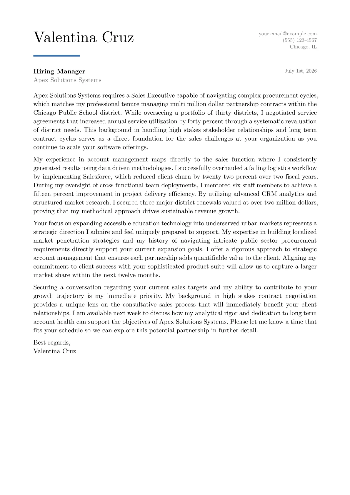 Sales Executive cover letter in the Executive design