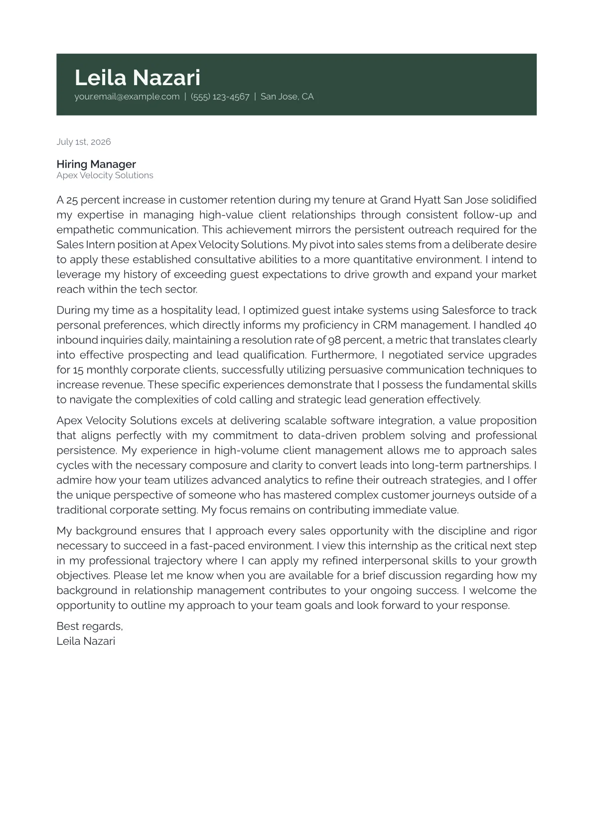 Sales Intern cover letter in the Banner design
