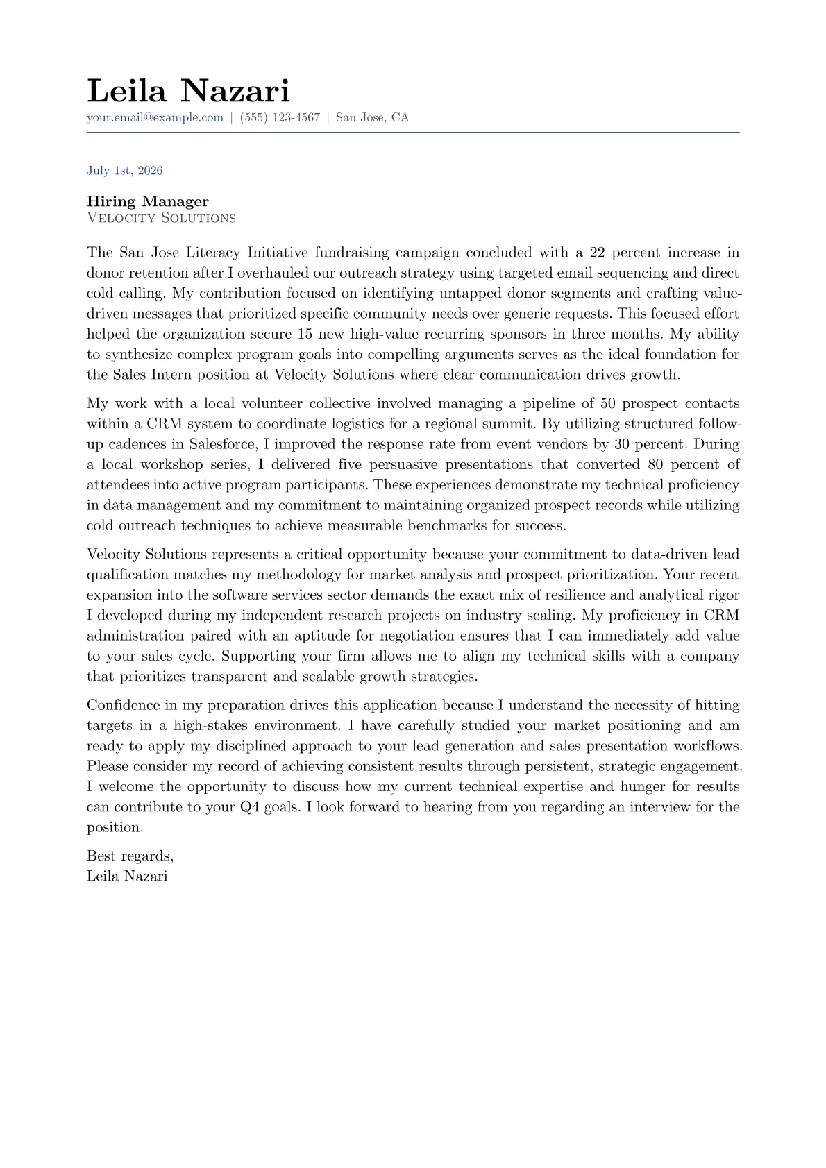Sales Intern cover letter in the Classic design