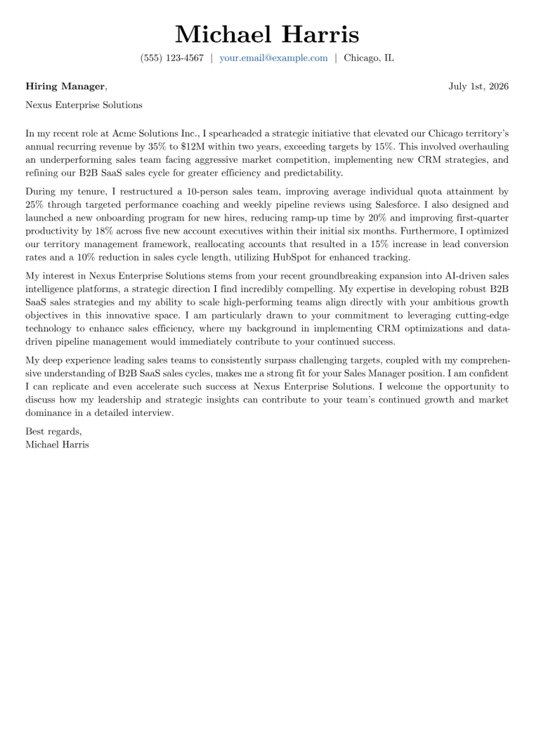 Sales Manager Cover Letter Example