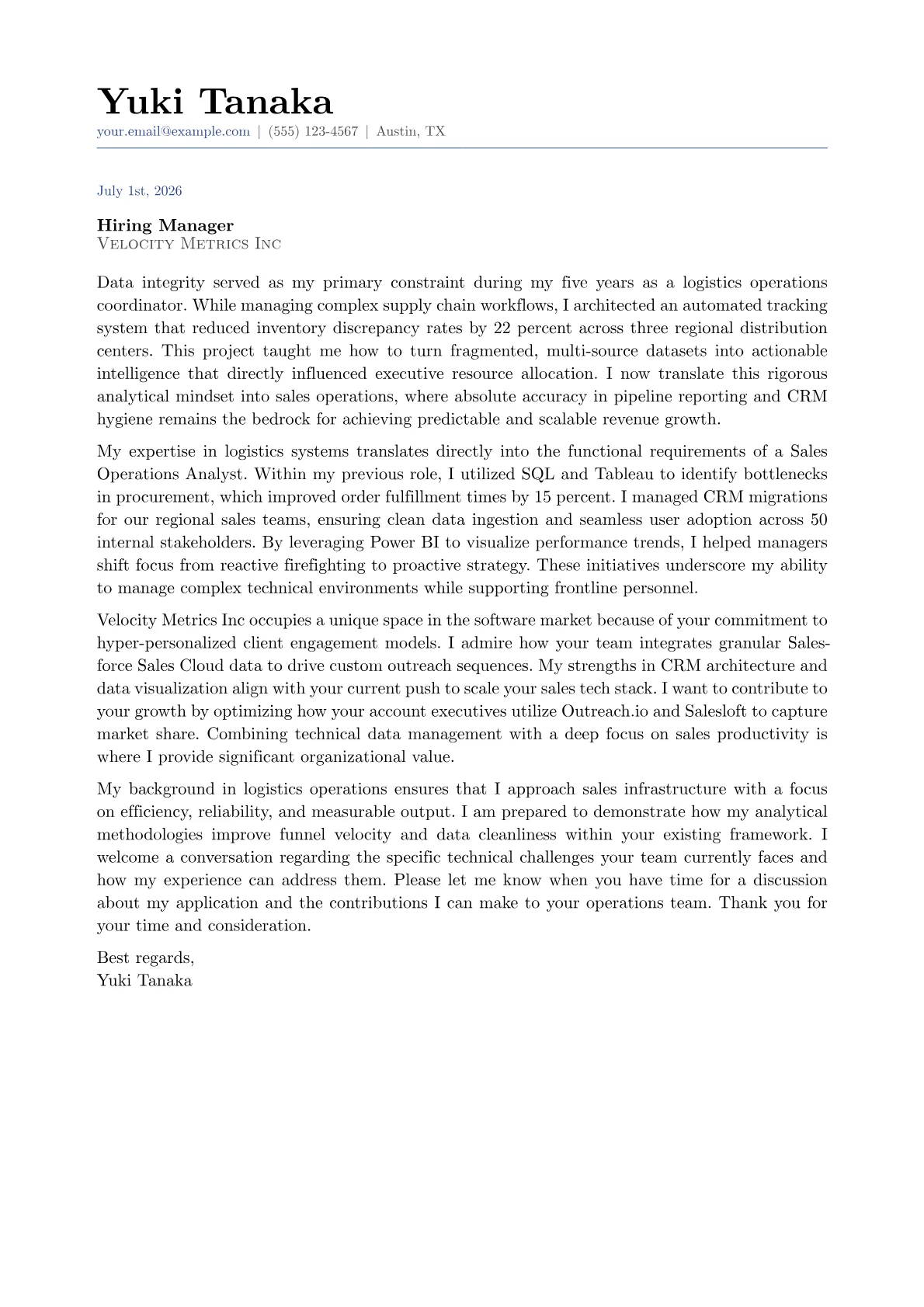Sales Operations Analyst cover letter in the Classic design