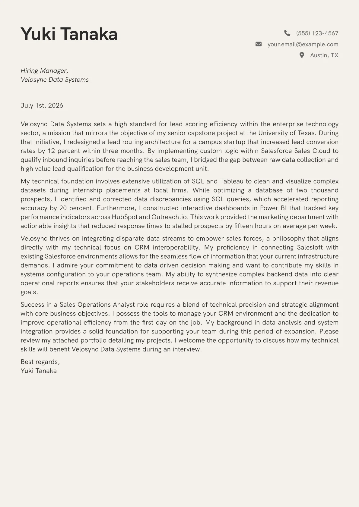 Sales Operations Analyst cover letter in the Creative design