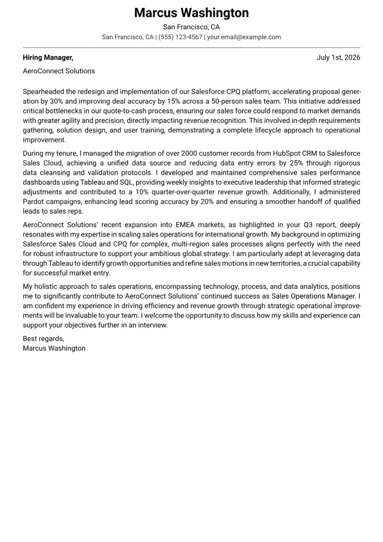 Sales Operations Manager cover letter example preview