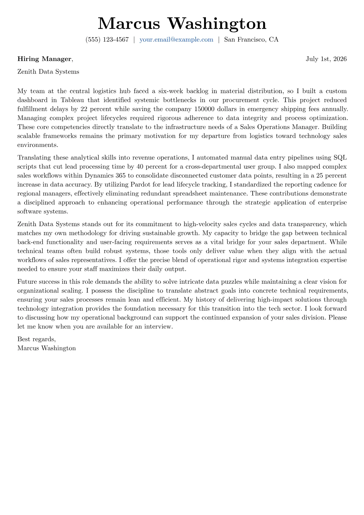 Sales Operations Manager cover letter in the Basic design