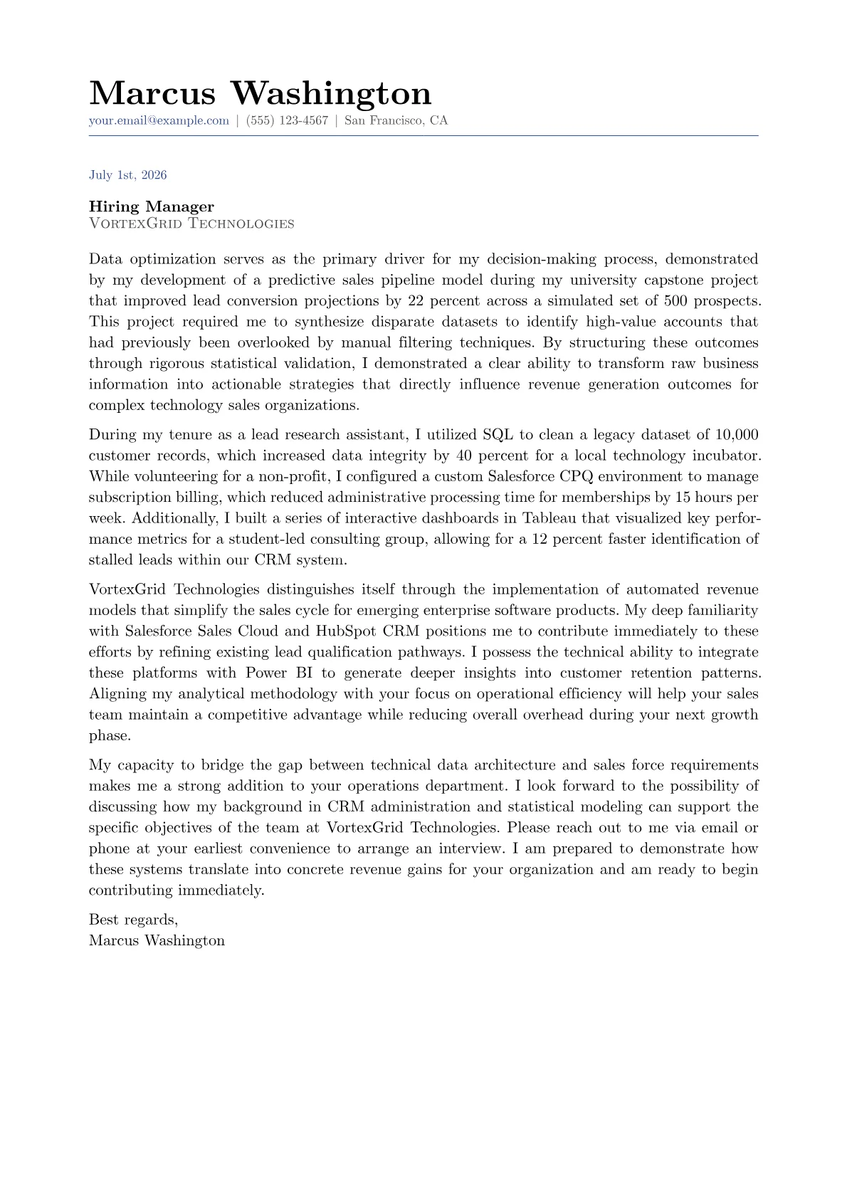 Sales Operations Manager cover letter in the Classic design