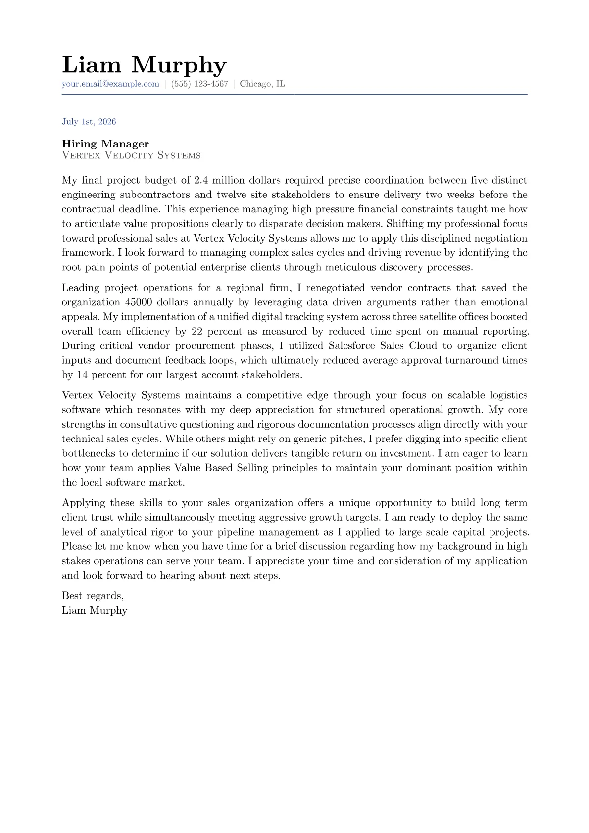 Sales Representative cover letter in the Classic design
