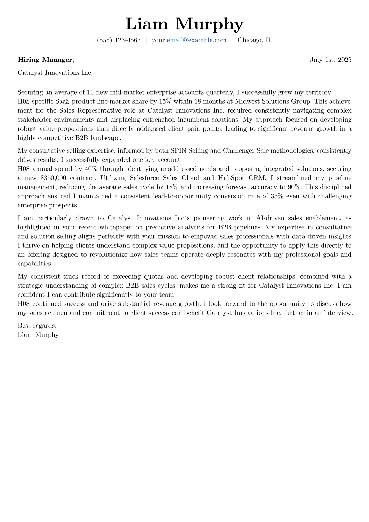 Sales Representative cover letter formatted with a JobSprout template