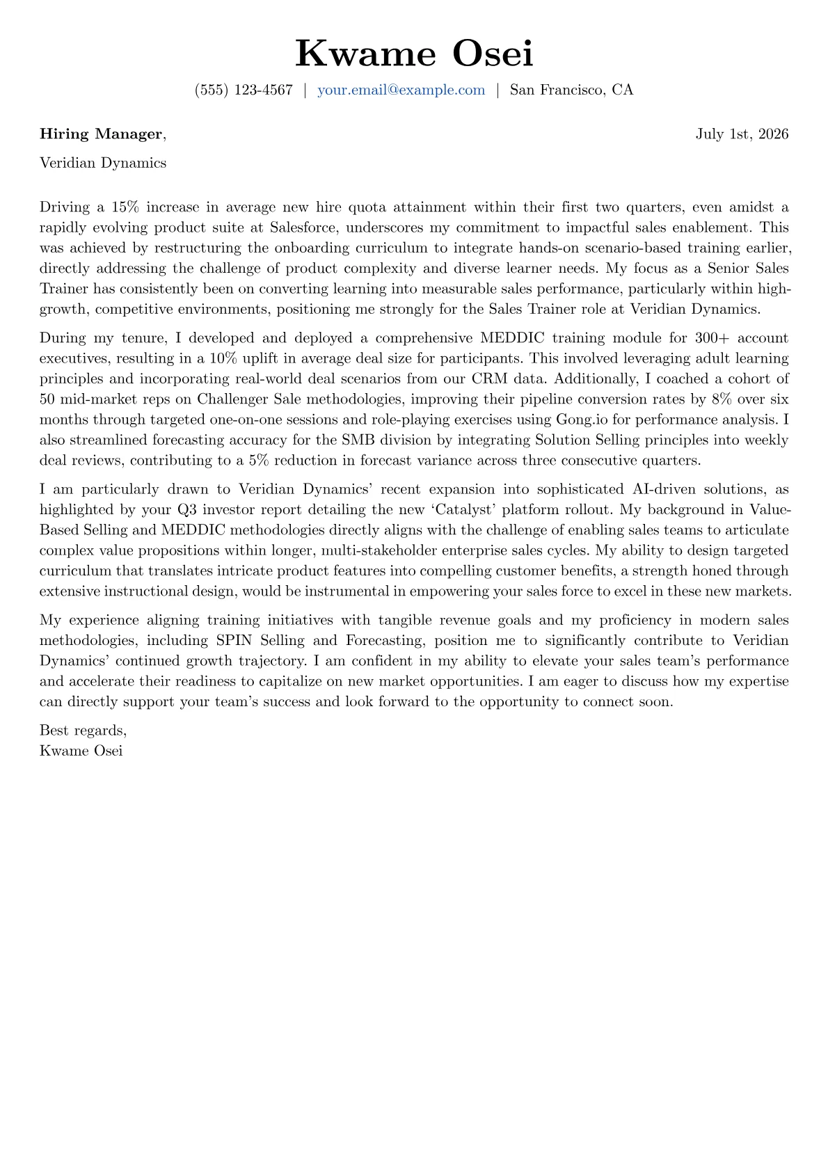 Sales Trainer cover letter formatted with a JobSprout template