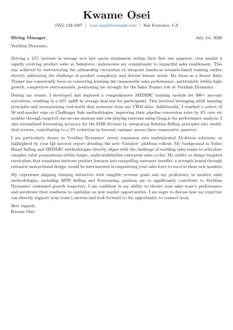 Sales Trainer cover letter example preview