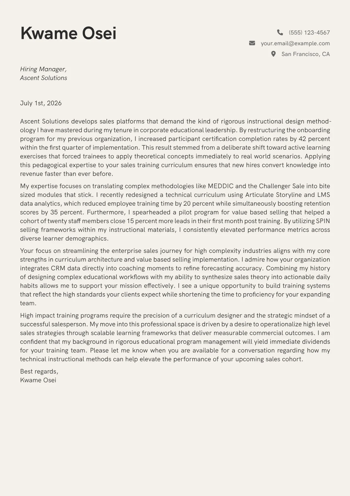 Sales Trainer cover letter in the Creative design