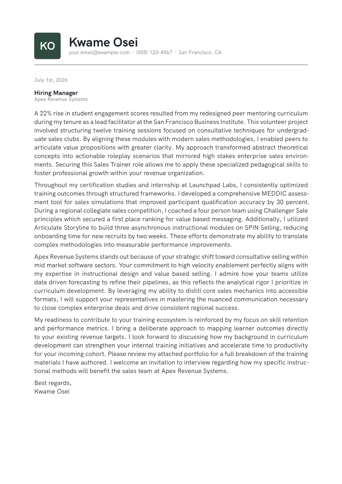 Sales Trainer cover letter in the Emblem design