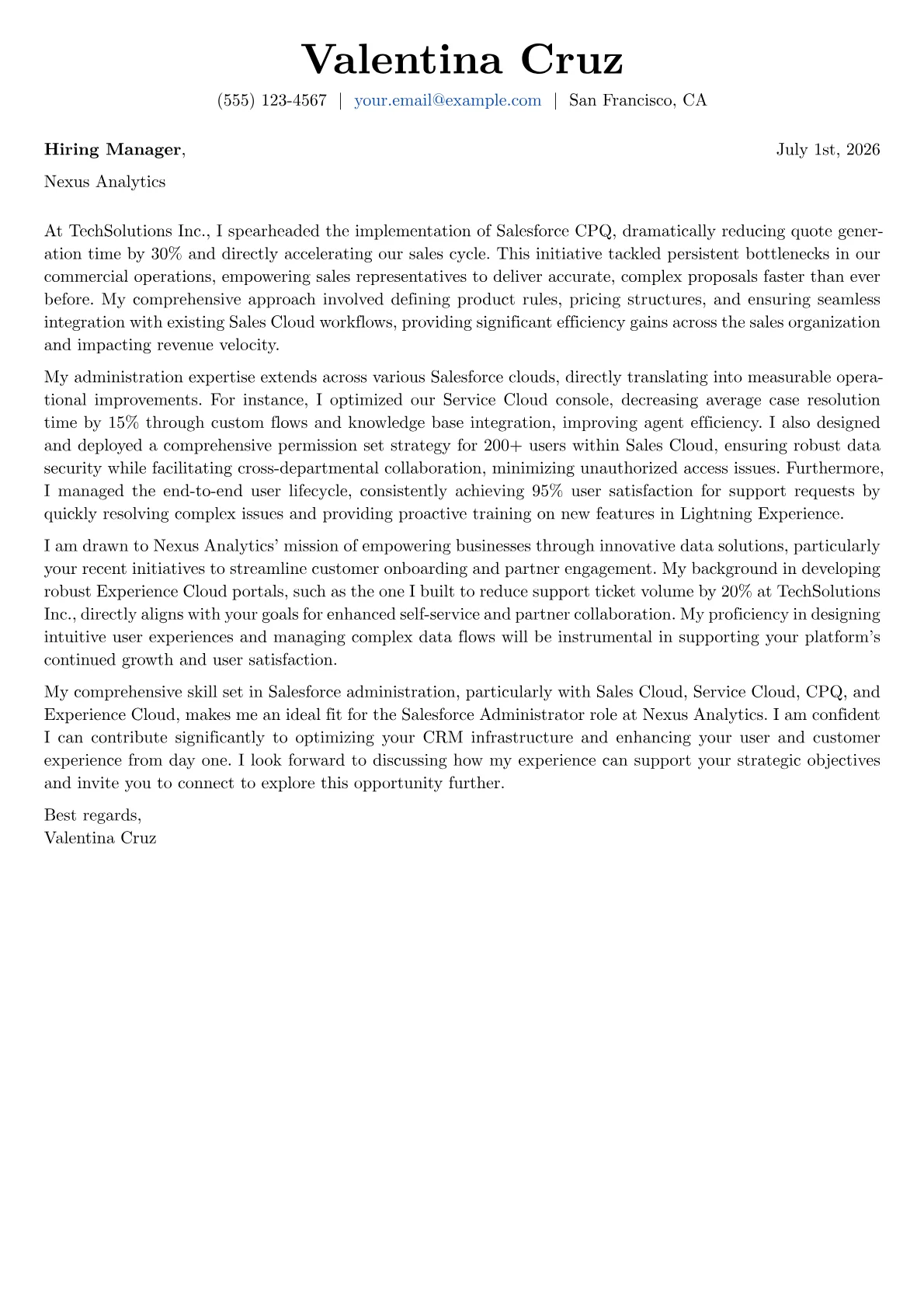 Salesforce Administrator cover letter formatted with a JobSprout template