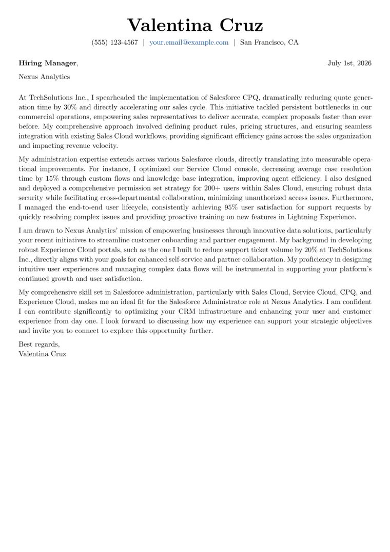 Salesforce Administrator Cover Letter Example