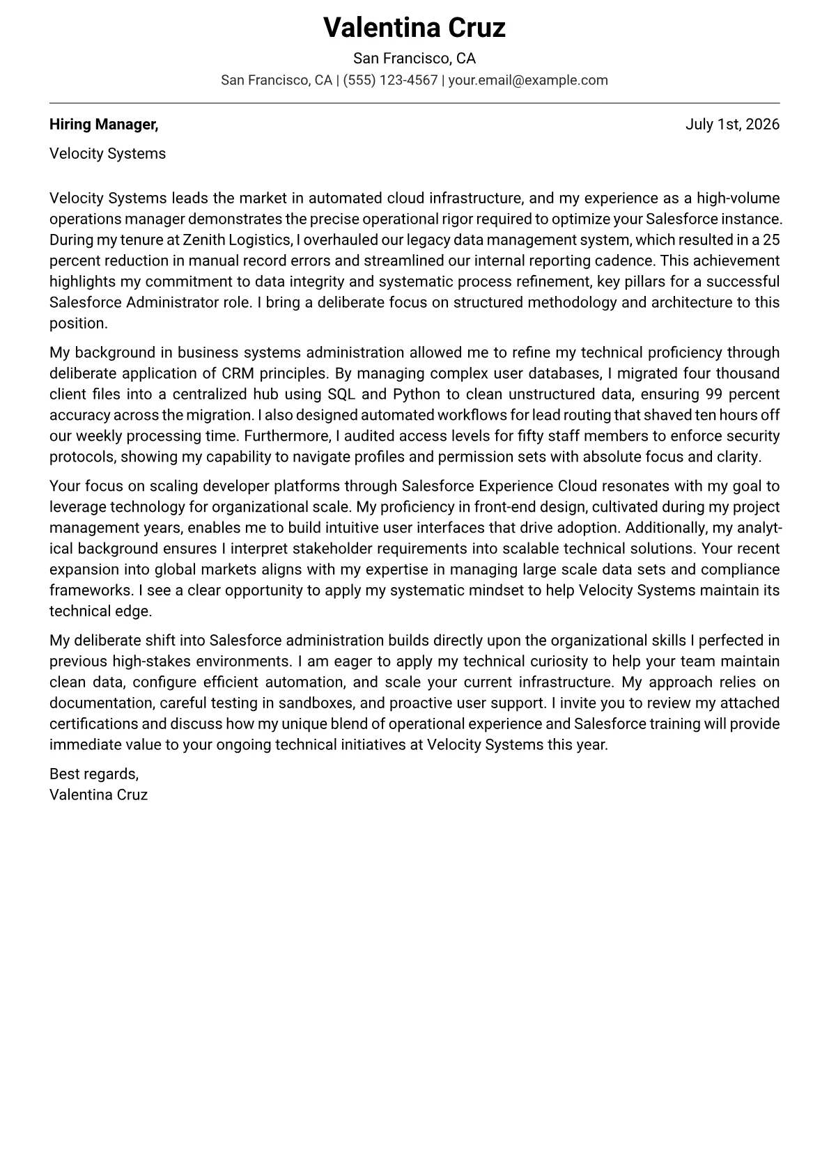Salesforce Administrator cover letter in the Modern design